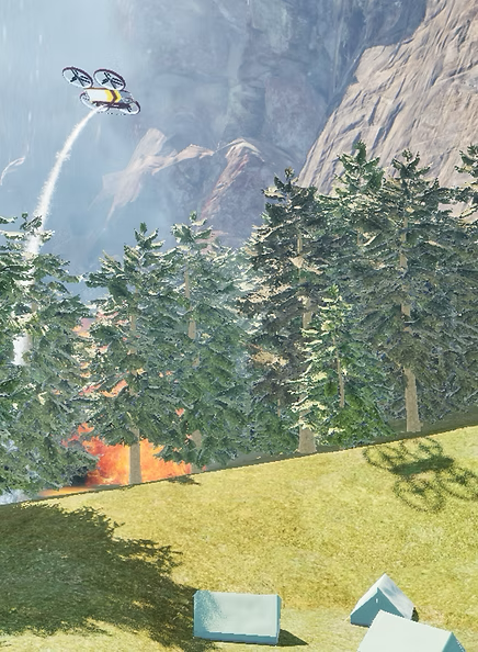 Gameplay still of drone putting out wildfire from Operation: Phoenix